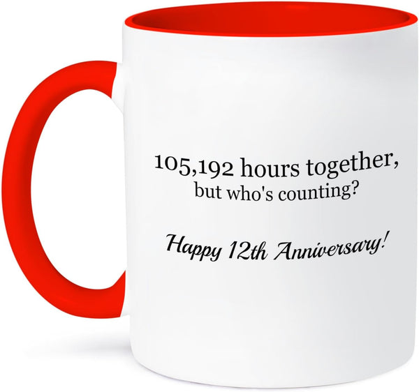3dRose "Happy 12Th Anniversary - 105192 Hours Together" Two Tone Red Mug, 11 oz
