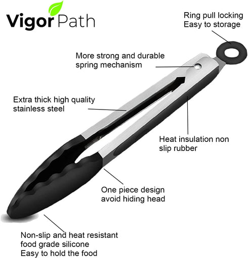 2-Pack Kitchen Tongs Set: 9" (Small) & 12" (Large) Non-Stick Silicone-Stainless Steel Cooking Tongs, BPA Free, Heat