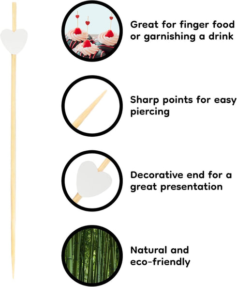 BambooMN 7.1" Decorative White Heart Bamboo Cocktail Picks, 100 Pieces for Events, Holidays, Parties