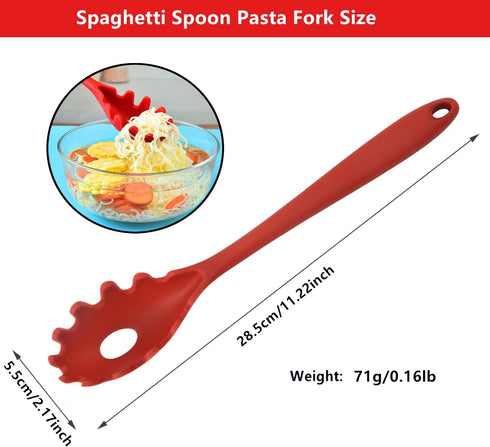 Spaghetti Spoon Pasta Fork,Silicone Pasta Fork,11.2 inch Spaghetti Strainer Kitchen High Heat Resistant Noodle Spoon Server,Food Grade Pasta Spoon with Stainless Steel Handle,BPA Free (Red) by JXJYZLN