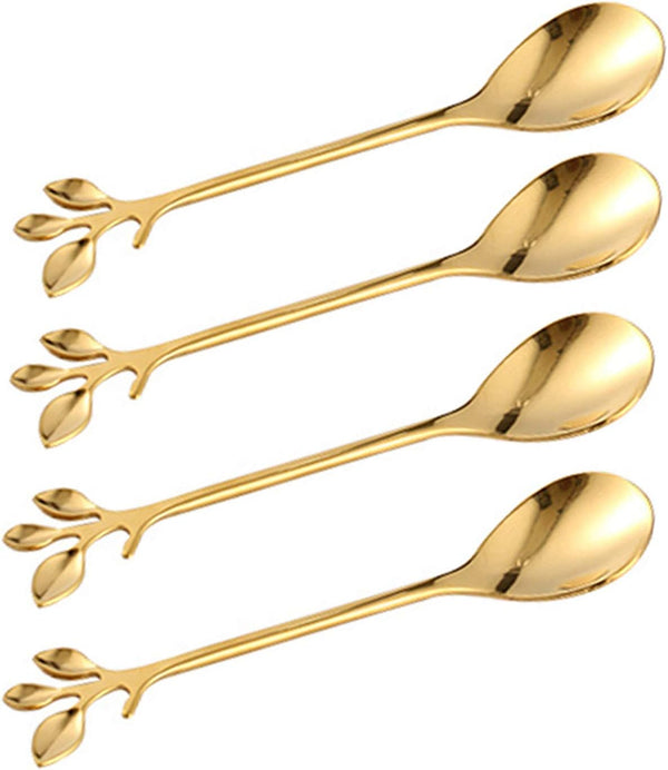 Gold Leaf Coffee Spoon Set of 4, Retro Dessert Demitasse Espresso Spoons, 4.7 Inches Cutlery Kitchen Tableware