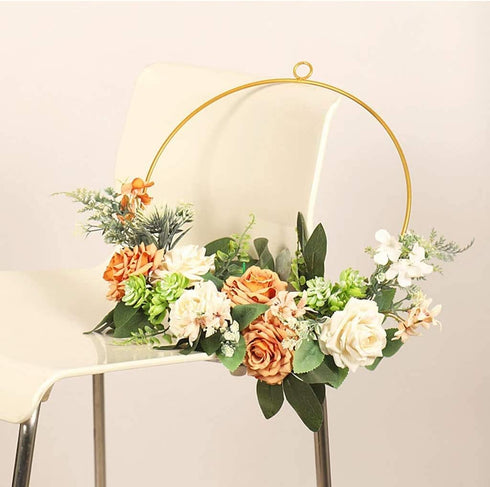 Floral Hoop Wreath, Iron Artificial Rose Flower Wreath for Front Door, Wedding Party Nursery Decor - Orange