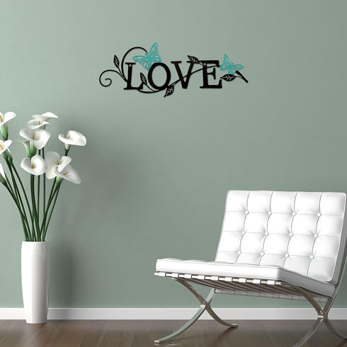 Metal Butterfly Love Sign Wall Decor - Black Love Word Sign Rustic Home Letter Ornament for Living Room Hanging