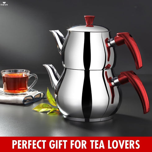 Set Set, 1.05 1.9 Hakan Teapot with Self Strainer Double Lids, Stainless Steel Midi Double Bondy Tea Pot Turkish