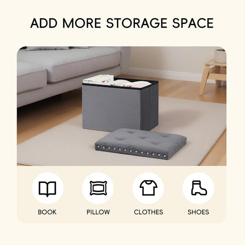 Grey,16.5"x12.6"x12.6" PINPLUS Storage Ottoman with Benches Foot Rest Stool, Folding Velvet Shoes Chest for Bedroom