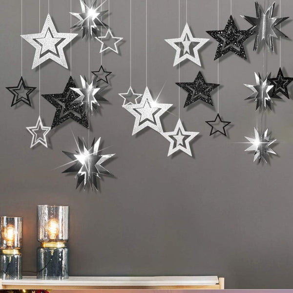Cheerland Glitter Black Silver Party Decorations - Star Garlands for Birthday, Halloween, Wedding, Ramadan