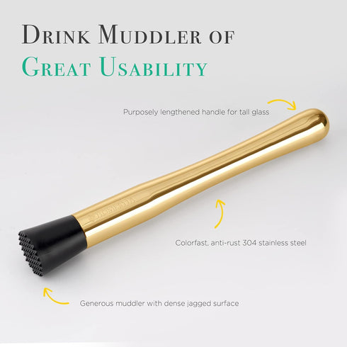 Homestia 10" Stainless Steel Muddler, 12" Cocktail Spoon, 1 oz 2 oz Double Jigger, 3 PCS Gold Cocktail Set for Beverages