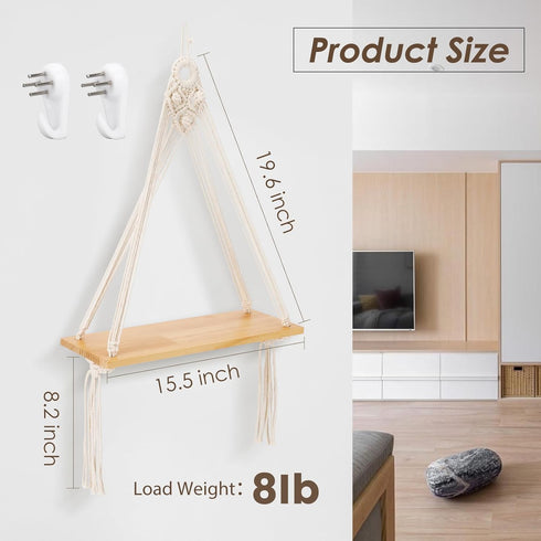 Set 2,Boho Sunkaioo Macrame Wall Hanging Shelf of Wooden Display Floating Shelves for Wall Decor with Handmade Woven