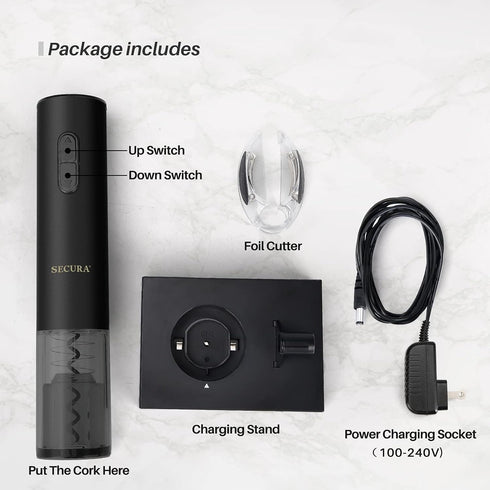 Secura Automatic Electric Wine Opener, Rechargeable Corkscrew with Foil Cutter (Black)
