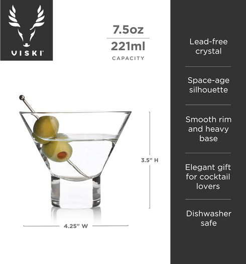 Viski Heavy Base Stemless Martini Glasses, Set of 2 - Premium Short Crystal Cocktail Glass Gift Set, 7.5 oz.