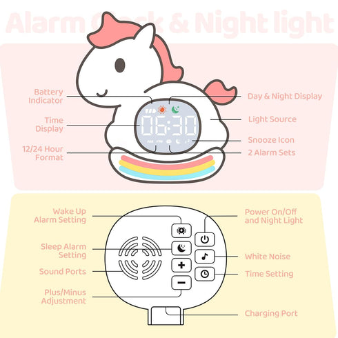 Alarm Clock with Night Light for Kids with Sleep Training and Sound Machine, Rechargeable Silicone Lamp OK to Wake