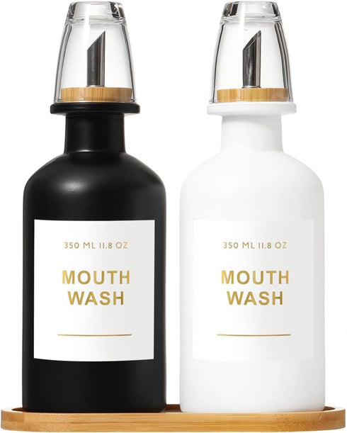 BONLONG 11.8OZ Mouthwash Dispenser for Bathroom with Bamboo & Stainless Steel Pour Spout,