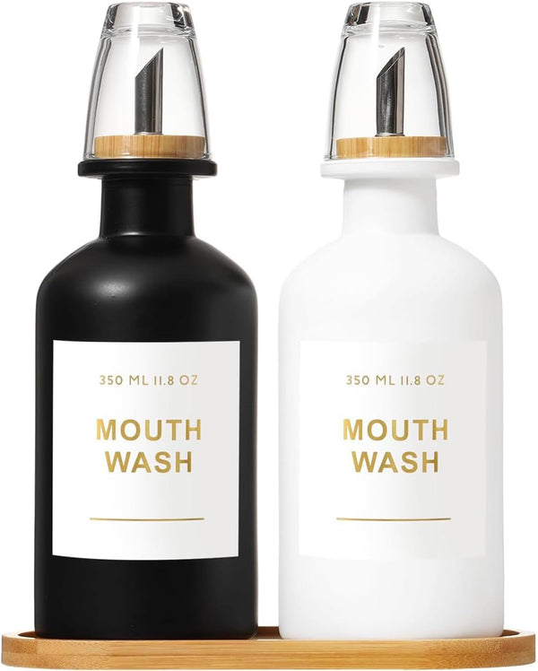 BONLONG 11.8OZ Mouthwash Dispenser for Bathroom with Bamboo & Stainless Steel Pour Spout,