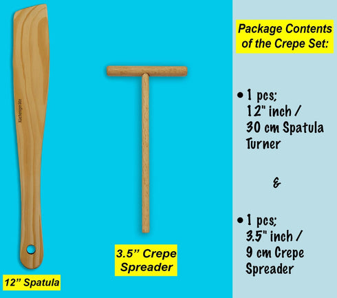 Kuchengerate 3.5 inch Crepe Spreader and 12 inch Wooden Spatula Turner Crepe Maker Set, Handmade Natural Beech Wood