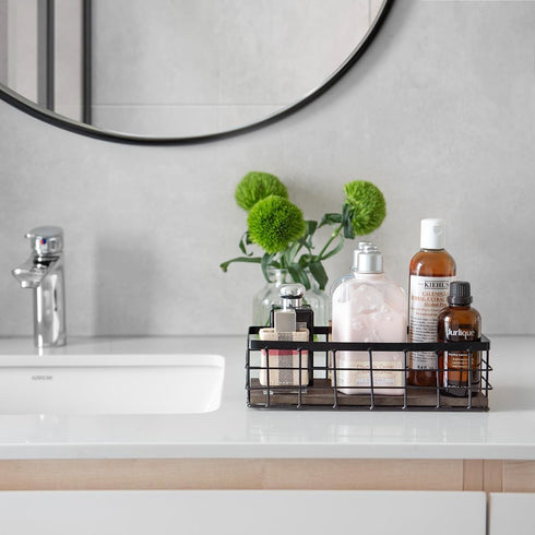 ROSE BLOOM Small Metal Wire Storage Basket: Decorative Wood Base Organizer for Bathroom, Kitchen, Wall Mounted or