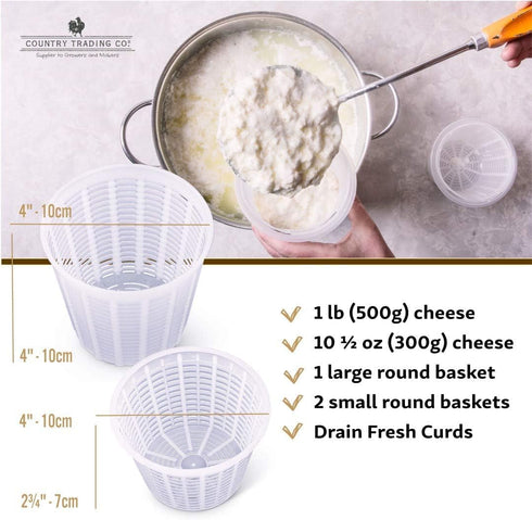 Country Trading Co. Cheesemaking Molds Set of 5, Ricotta Cheese Draining Baskets for Home Cheese Making