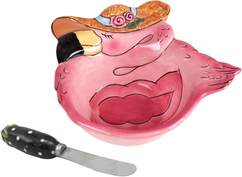 Blue Sky Dining Ceramic Miss Precious Flamingo Dip Bowl and Spreader Set, 6.25'' x 6''