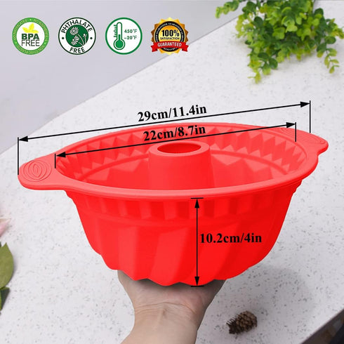2 PCS 8.7 Inch Silicone Cake Pans, Non-stick Fluted Cake Pan with Sturdy Handle, Cake Baking Molds, Perfect Bakeware for Cake, Jello, Gelatin, Bread, Para Gelatinas (Red) by Kenond