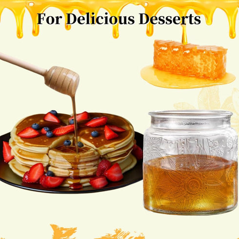 Honey Pot, Airtight Glass Honey Jar with Bamboo Lid and Dipper Stick, 17oz Square Sunflower Container for Home