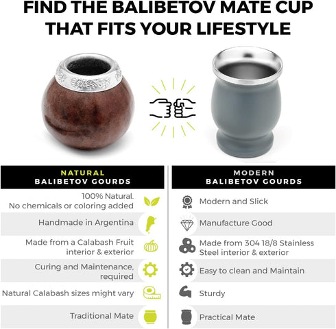 BALIBETOV Yerba Mate Gourd Set, Original Natural Handmade Yerba Mate Cup Argentina, Includes Cup, Bombilla, and Brush.