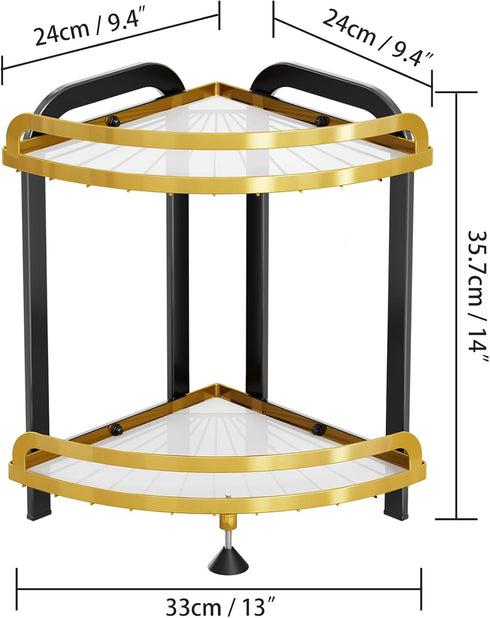 2 Countertop Counter 9''W 9''L 13.78''H Tier Bathroom Organizer XL Corner Shelf, Black Gold Bathroom Organizers, Large