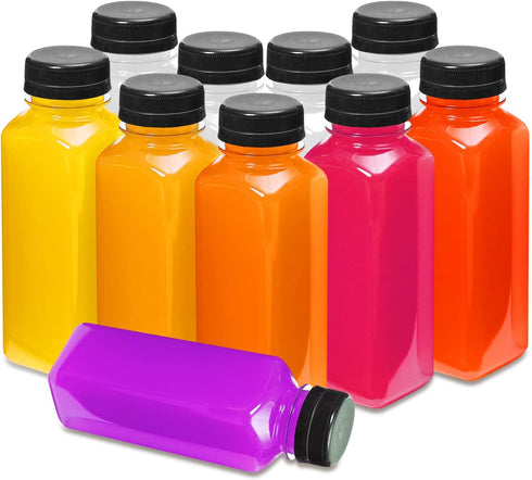 MANSHU 10 OZ Plastic Juice Bottles, Reusable Bulk Beverage Containers, 10Pcs with Black Tamper Evident Lids