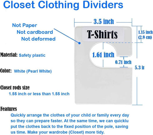 16 Pack White Clothing Rack Size Dividers with 60 Labels, Large Rectangular Closet Dividers, Pearl White