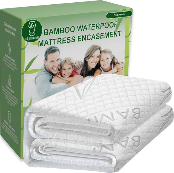 Mattress Protector Bamboo Rayon with Zipper - 100% Waterproof Cooling Cover - Ultra Soft Breathable Noiseless Encasement