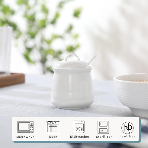 HAOTOP Porcelain Sugar Bowl, Ceramic Salt Bowl with Spoon and Lid, 12 Ounces White