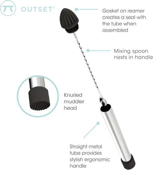 Outset Professional 3 in 1 Cocktail Muddler, Muddler, Stirrer, Juicer