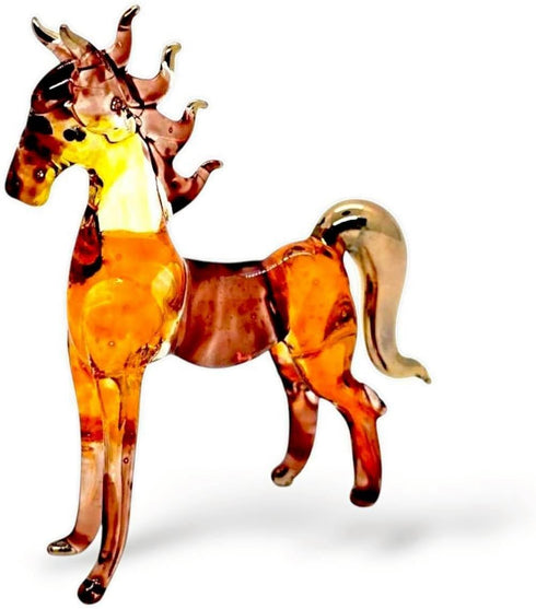 Tiny 2½" Long Brown Gold Standing Horse Figurine, Miniature Hand Blown Painted Glass