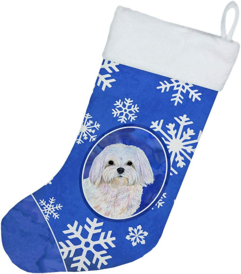 Caroline's Treasures SS4620-CS Maltese Winter Snowflakes Holiday Christmas Stocking - Fireplace Hanging Stockings