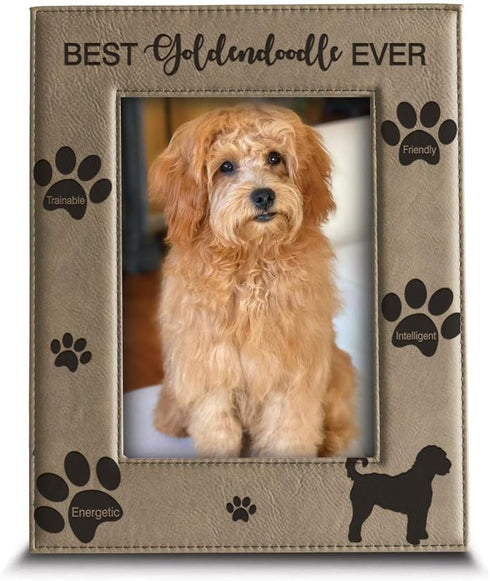 BELLA BUSTA Best Goldendoodle Ever Dog Photo Frame, Engraved Leather Picture Frame (5 x 7 Vertical)