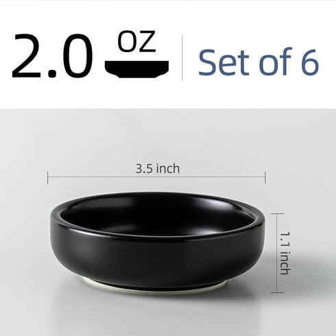 Dipping Bowls Set, Ceramic Dipping Sauce Dishes, 2 oz Soy Sauce Dish, Side Dish Bowls, Small Bowl/Dish for BBQ, Condiments, Appetizer, Dessert, Sushi, Set of 6 (Black)