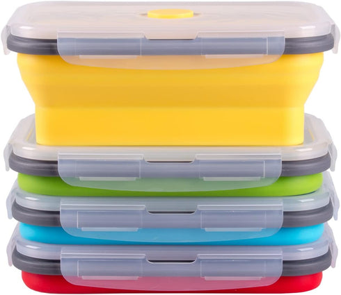 Set of 4 Collapsible Food Storage Containers with Airtight Lid, 27 oz, Kitchen Stacking Silicone Meal Prep Containers