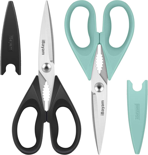 Kitchen Shears, iBayam Heavy Duty Kitchen Scissors, Dishwasher Safe Utility Scissors, 2-Pack, Black, Aqua Sky