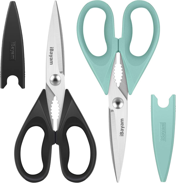 Kitchen Shears, iBayam Heavy Duty Kitchen Scissors, Dishwasher Safe Utility Scissors, 2-Pack, Black, Aqua Sky