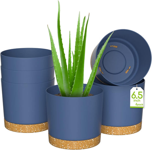ZMTECH Plant Pots, Set of 6 Self Watering 6.5'' Plastic Planters with Drainage Hole and Saucer, Blue