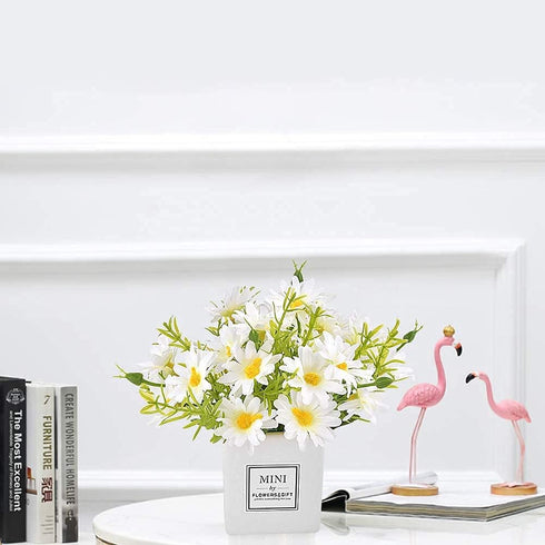 AIFUSI Artificial Flowers, Mini Silky White Daisy Decor in Vase for Home Indoor Centerpiece