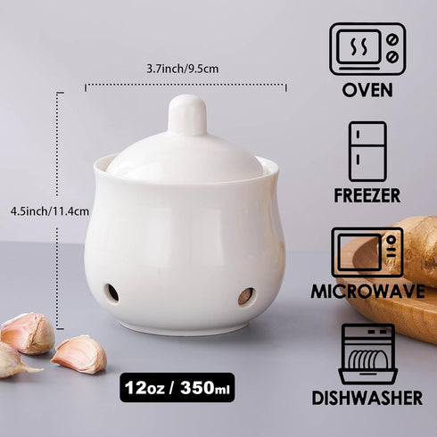 12 OZ Garlic Keeper with Lid, Porcelain Container for Countertop (White 12 OZ)