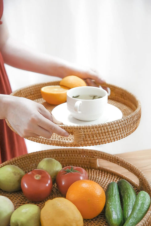 HITOMEN 11.8'' Hand-Woven Round Rattan Serving Tray Natural-M Decorative Wicker Trays with Handles for Coffee Table