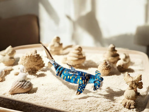 Tiny 3?" Gold Dotted Blue Hammerhead Shark Figurine, Miniature Hand Blown Glass Collectible