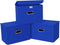 Linen Fabric Foldable Storage Cube Bin Organizer, 3Pcs Dark Blue Baskets with Lid, Leather Handles, Removable Divider