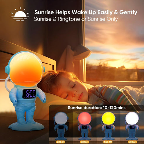30 22 Dimmable AFEXOA Astronaut Sunrise Alarm Clock for Kids, White Noise Sound Machine with Soothing Sounds