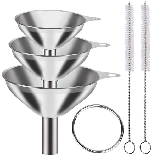 Metal Stainless Steel Funnel Set of 3, Large Medium Small Food Grade Mini Funnels for Kitchen Use with 2 Brushes YLYL