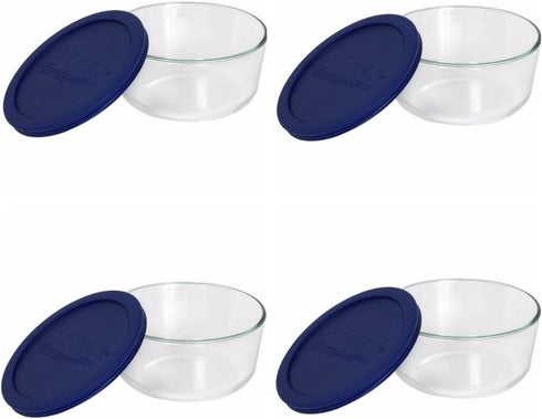Pyrex Storage Plus 7-Cup Round Glass Food Storage Dish with Blue Plastic Covers, Pack of 4 Containers, Made in the USA
