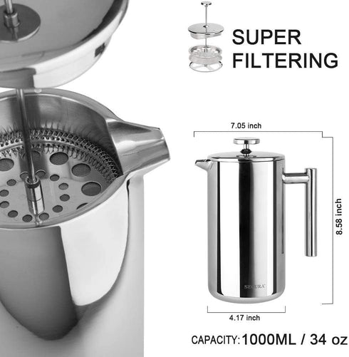 Secura French Press Coffee Maker, 34oz, 304 Grade Stainless Steel, Insulated, 2 Extra Screens