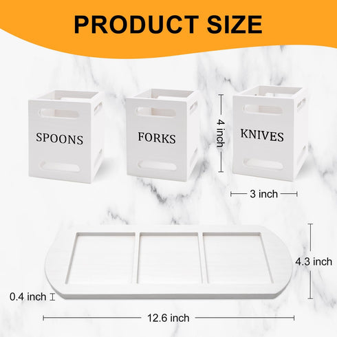 Ayiaren Wooden Flatware Caddy, White Cutlery Holder with Wood Tray for Kitchen Counter, Knife Fork Spoon Organizer