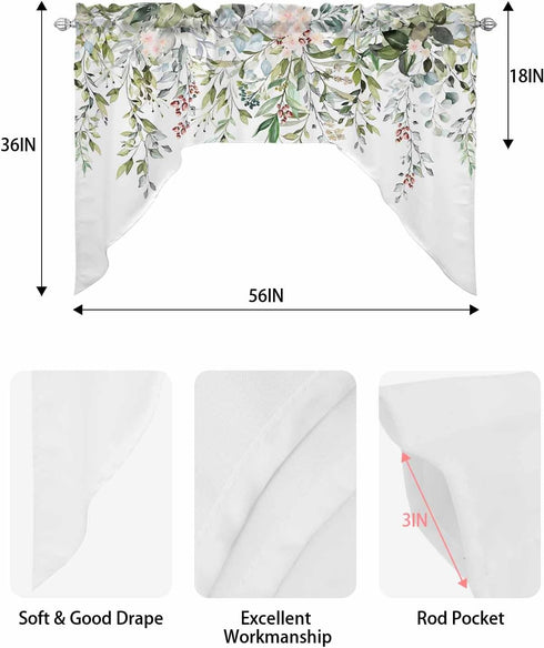 Watercolor Spring Floral Swag Valances for Kitchen Window, Eucalyptus Leaves Flowers Drapes 56x36 Inch