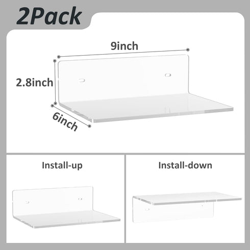 9 Inches 2 Pack, Plants(9 inch, Sezanrpt Acrylic Wall Shelves Floating Shelf for Wall Mounting, Acrylic Display Ledges